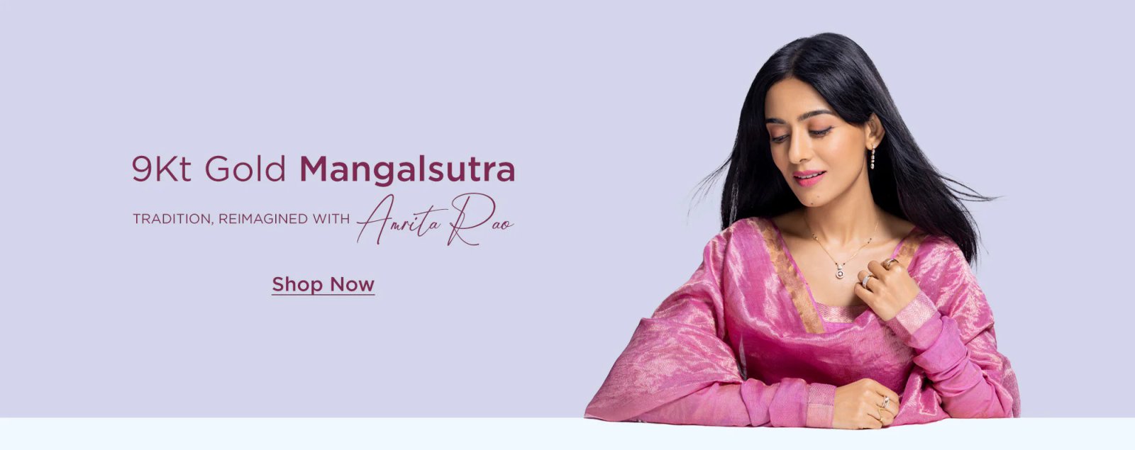 Amrita Rao in a pink silk saree wearing the 9kt gold mangalsutra collection
